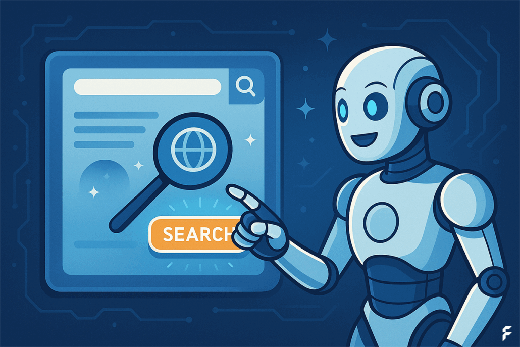 Roboter der mit Finger auf eine Weboberfläche zeigt auf der das Wort "Search" steht