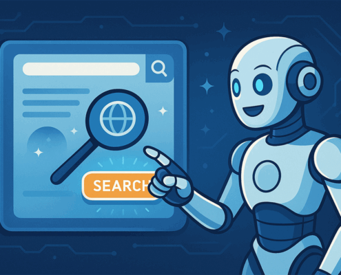Roboter der mit Finger auf eine Weboberfläche zeigt auf der das Wort "Search" steht
