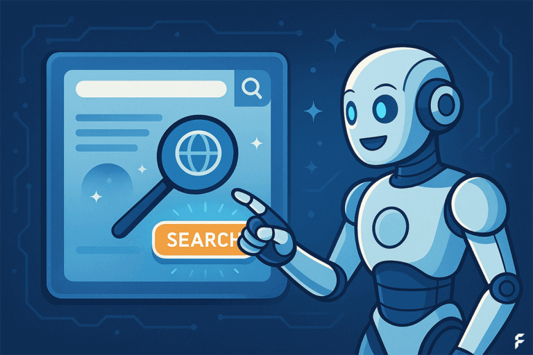 Roboter der mit Finger auf eine Weboberfläche zeigt auf der das Wort "Search" steht