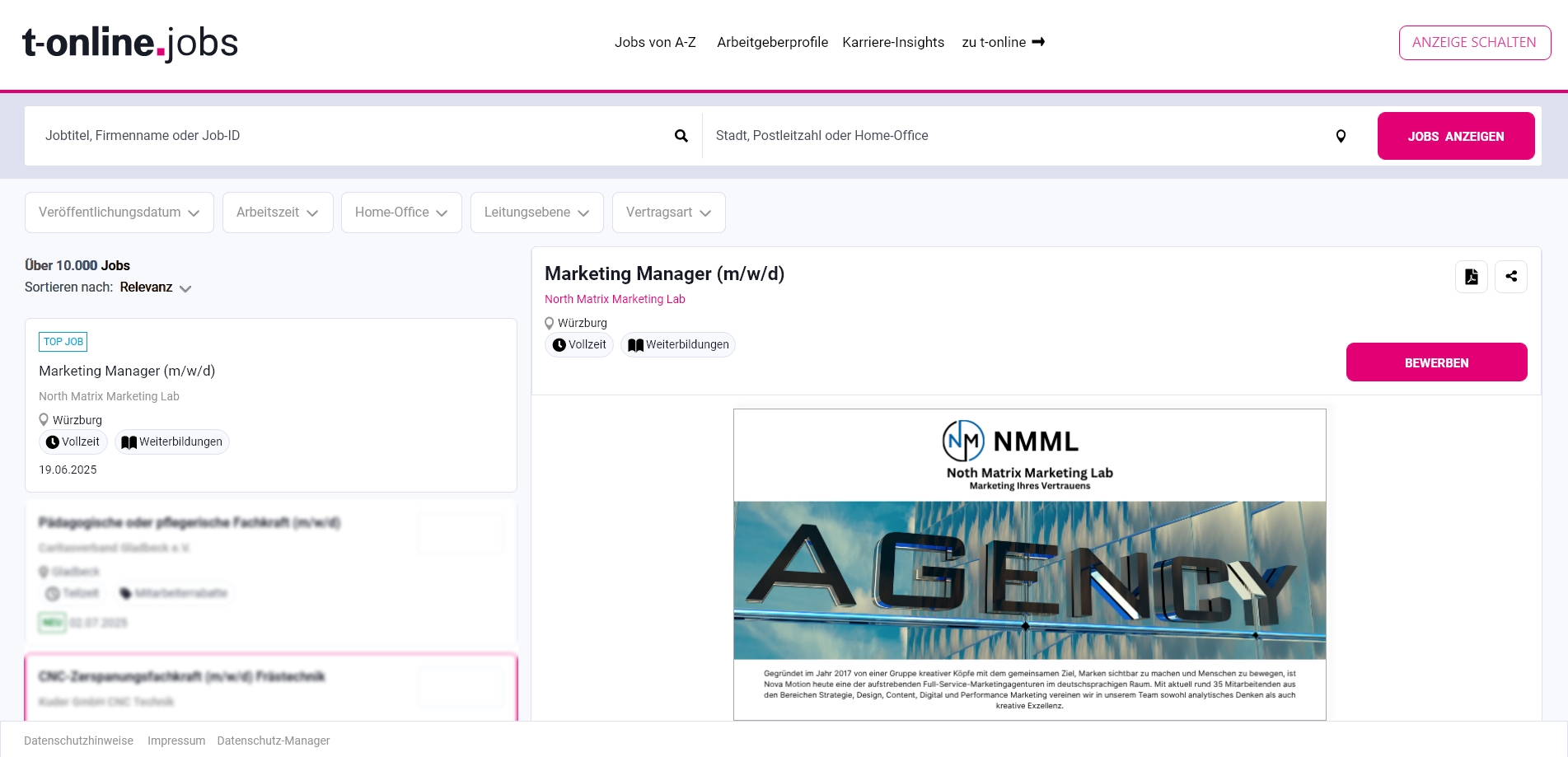 T-Online Job Werbeanzeige: Beispiel Marketing Manager Stelle