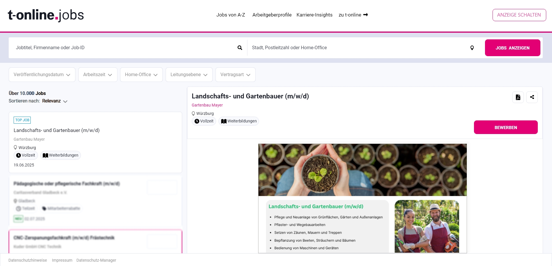 T-Online Job Werbeanzeige: Beispiel Landschafts- und Gartenbauer Stelle