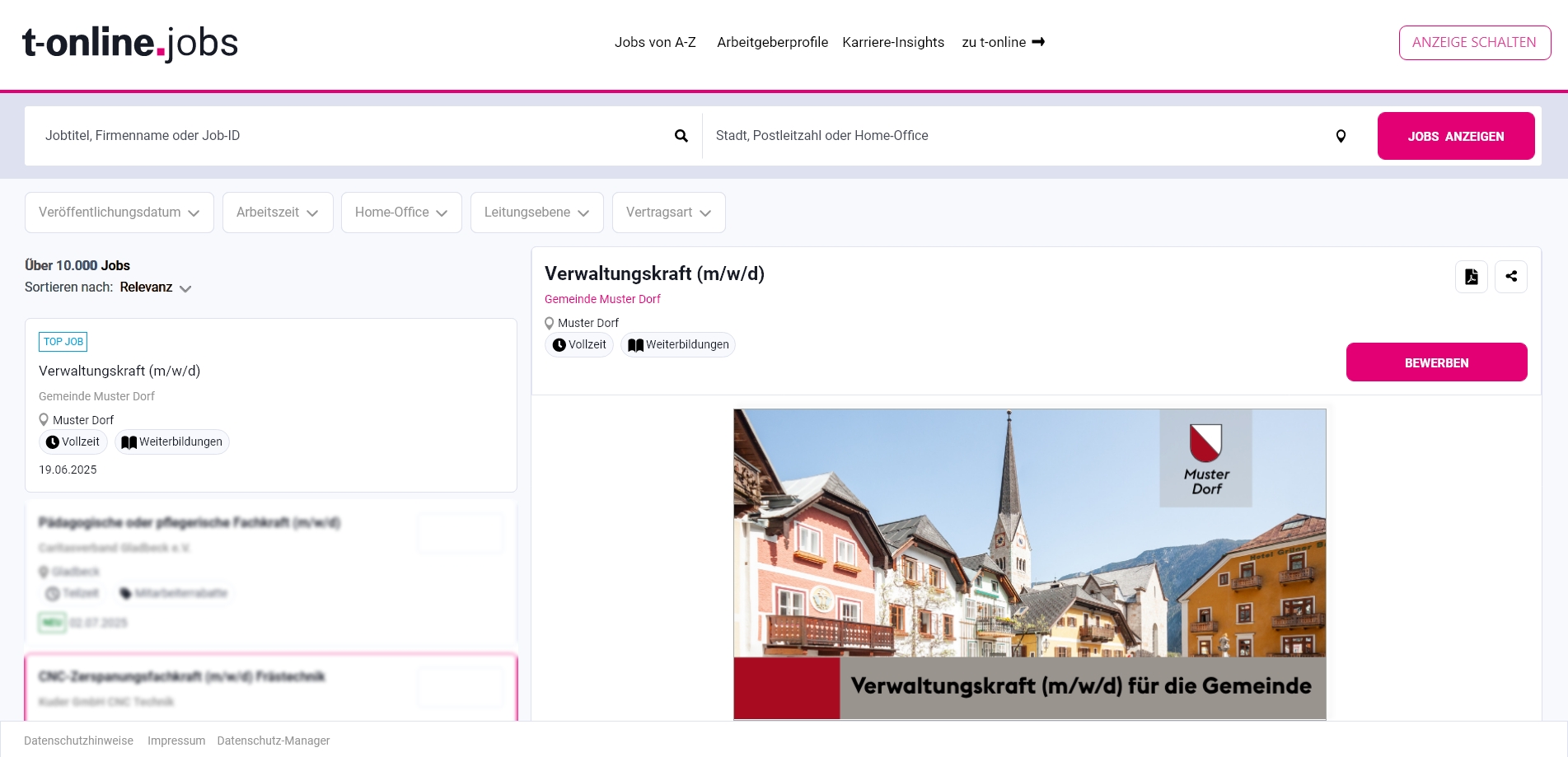 T-Online Job Werbeanzeige: Beispiel Verwaltungskraft Stelle in Gemeinde