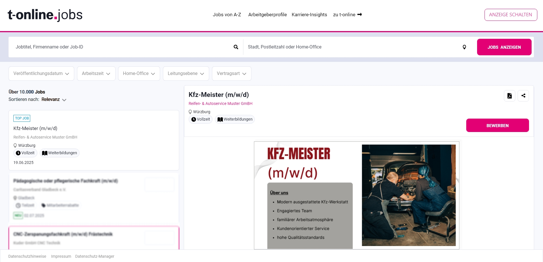 T-Online Job Werbeanzeige: Beispiel Kfz-Meister Stelle
