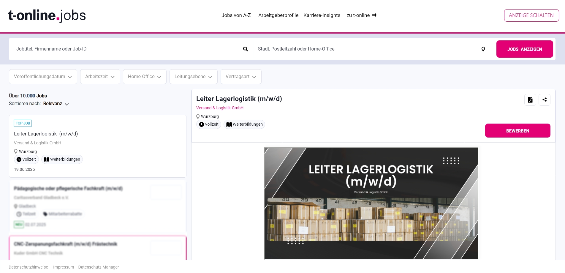 T-Online Job Werbeanzeige: Beispiel Leiter Lagerlogistik Stelle