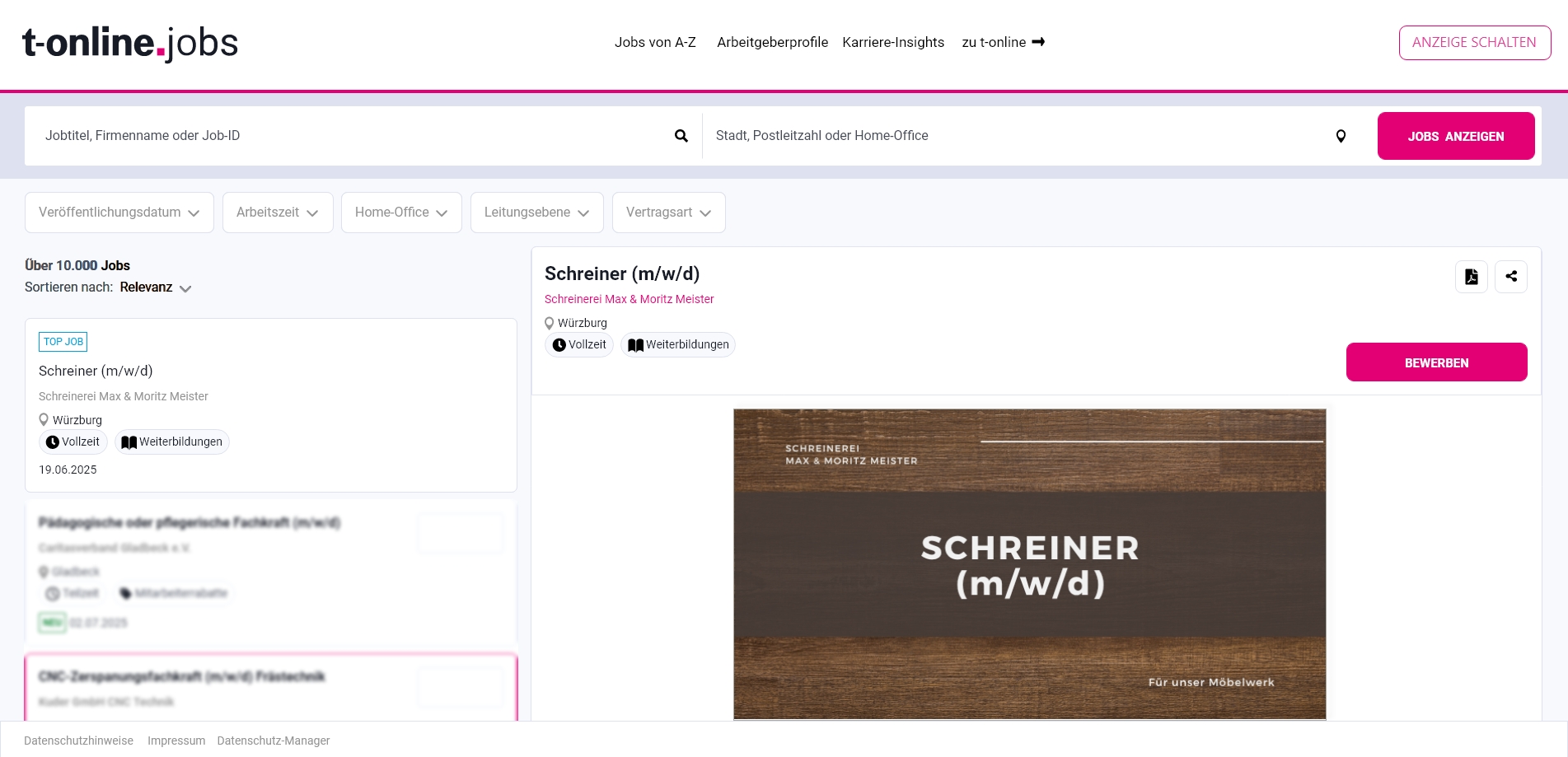 T-Online Job Werbeanzeige: Beispiel Schreiner Stelle
