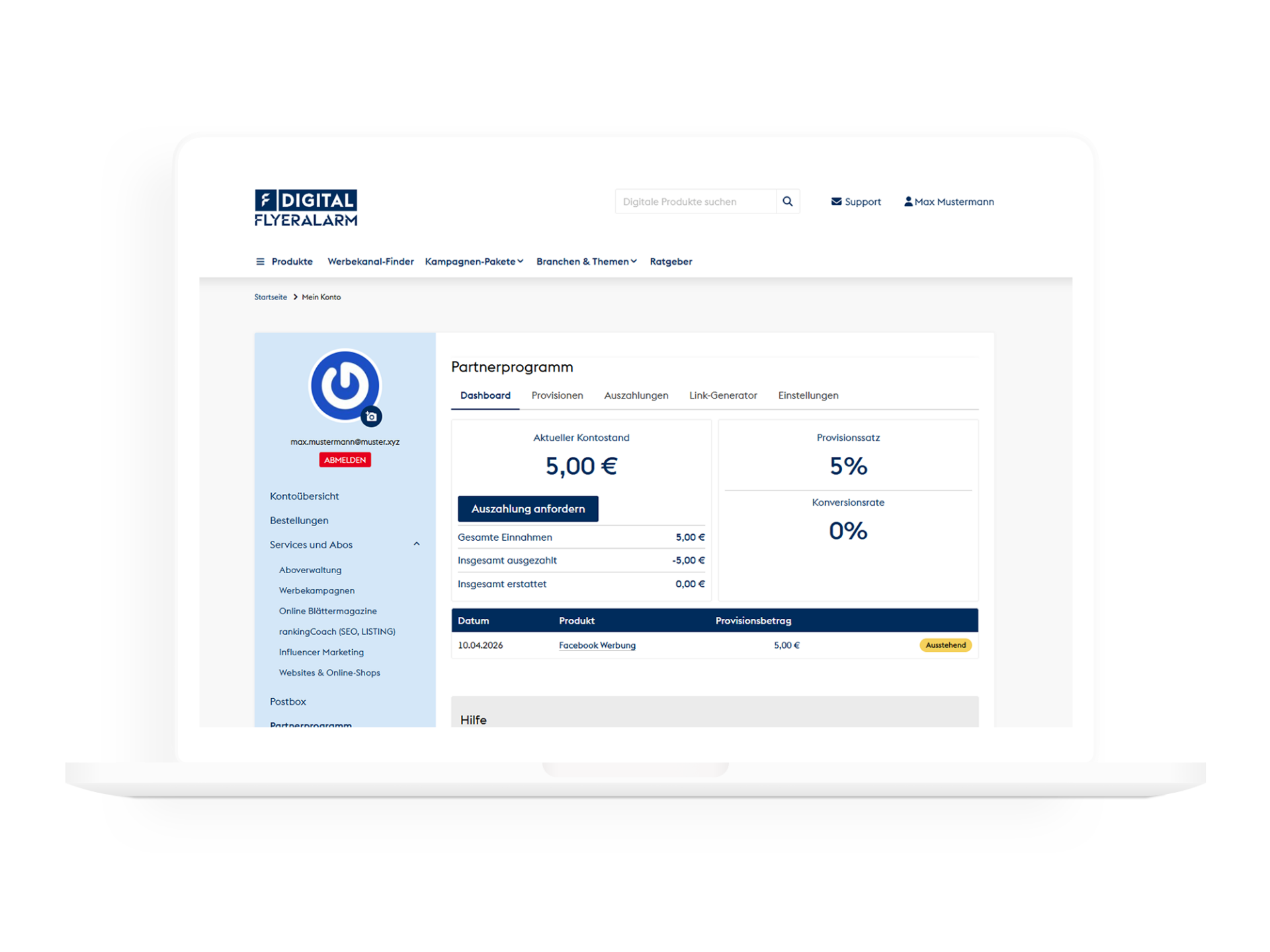 Partnerprogramm Dashboard im Kundenkonto