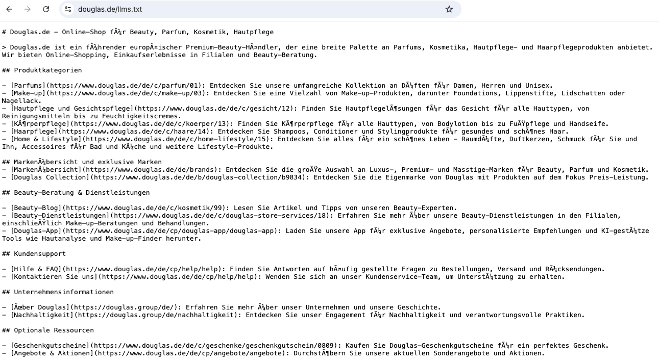 Implementierung und KI-Definition in der LLMS.txt bei Douglas.de