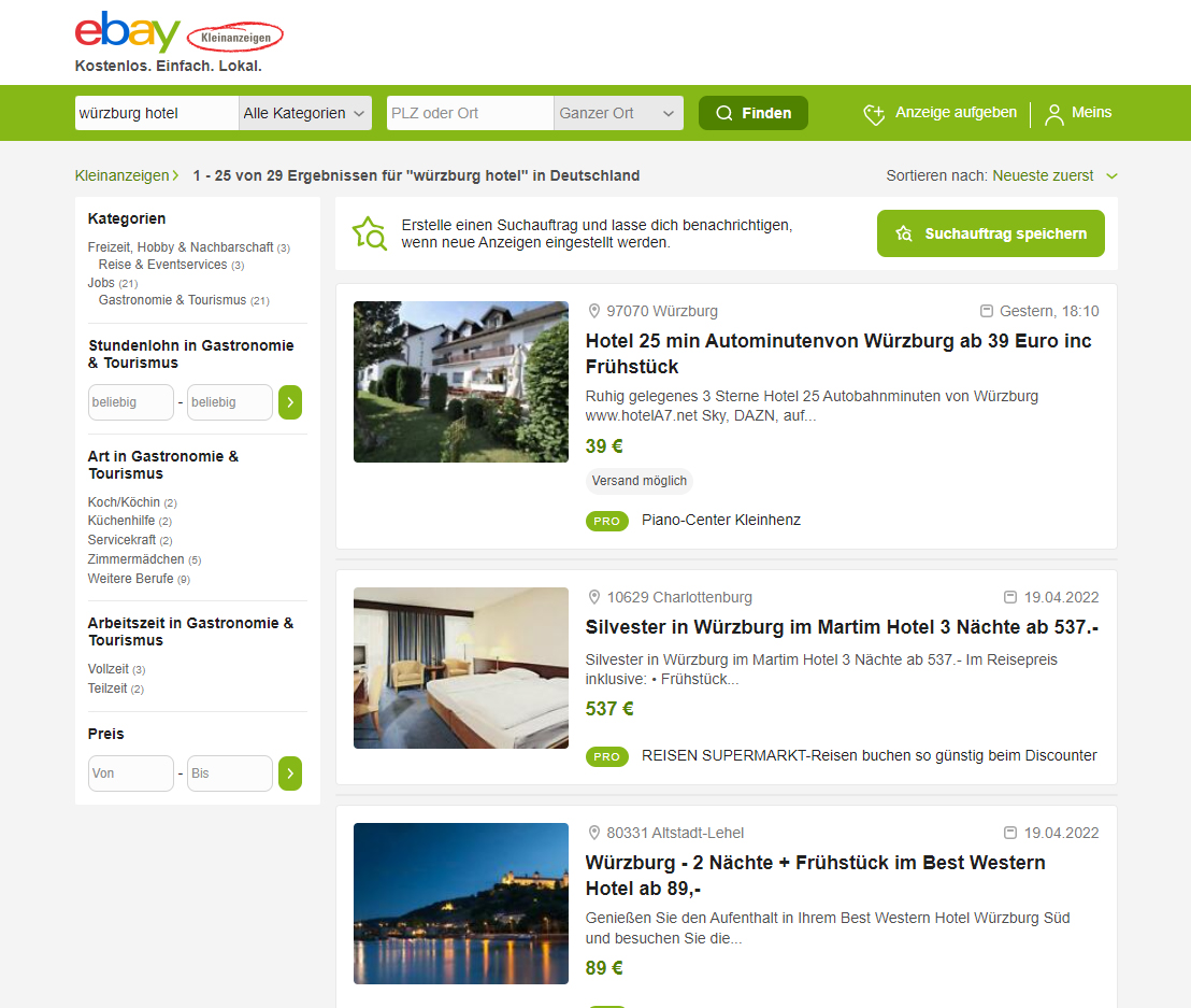 Ebay und Ebay Kleinanzeigen für Hotels