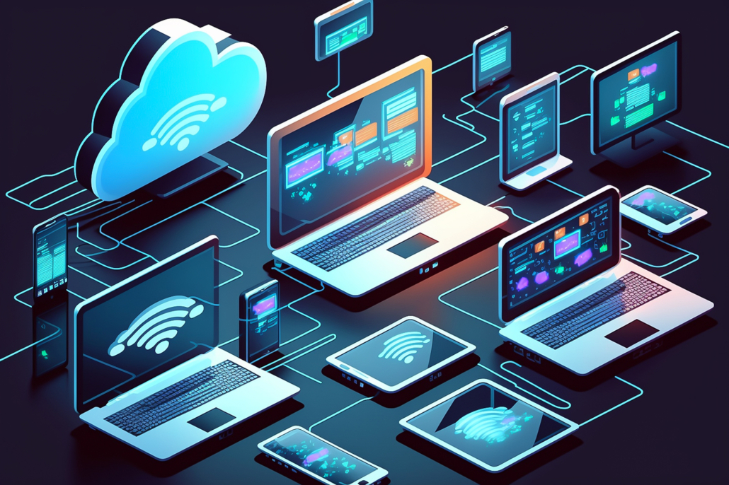 Bild mit dem Titel Cloud technology, computing. Devices connected to digital storage