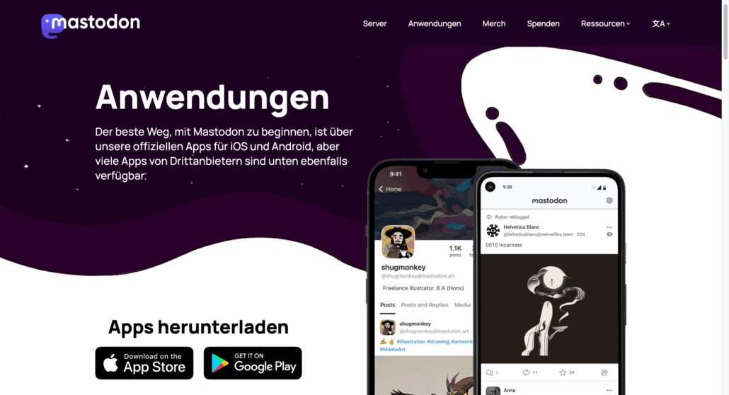 Screenshot der Mastodon Website