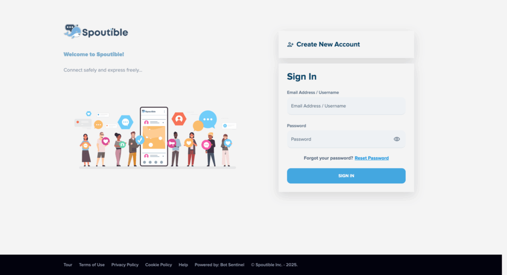 Screenshot der Spoutible Login-Seite